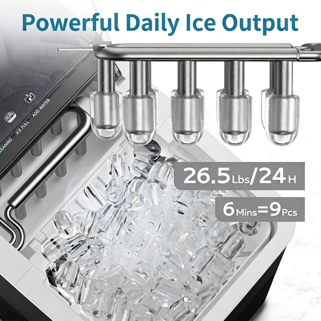 EKOJUCE Ice Maker Countertop, 9 Cubes Ready in 6 Mins, 26lbs/Day, Self-Cleaning Ice Machine with Ice Scoop and Basket, 2 Sizes of Bullet Ice