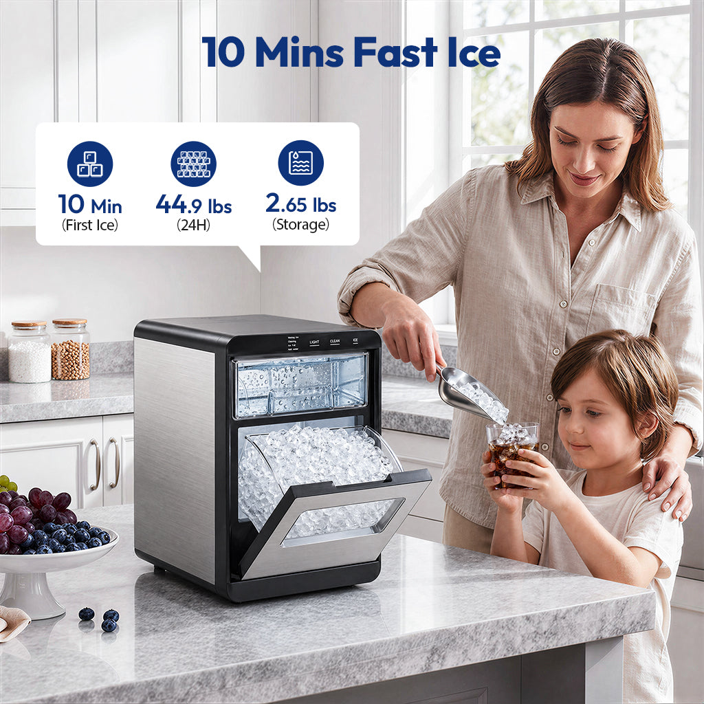 Ekojuce 44Lbs/24H Countertop Nugget Ice Maker Soft Chewable Pebble Nugget Ice Machine for Home, Kitchen, Office, Stainless Steel