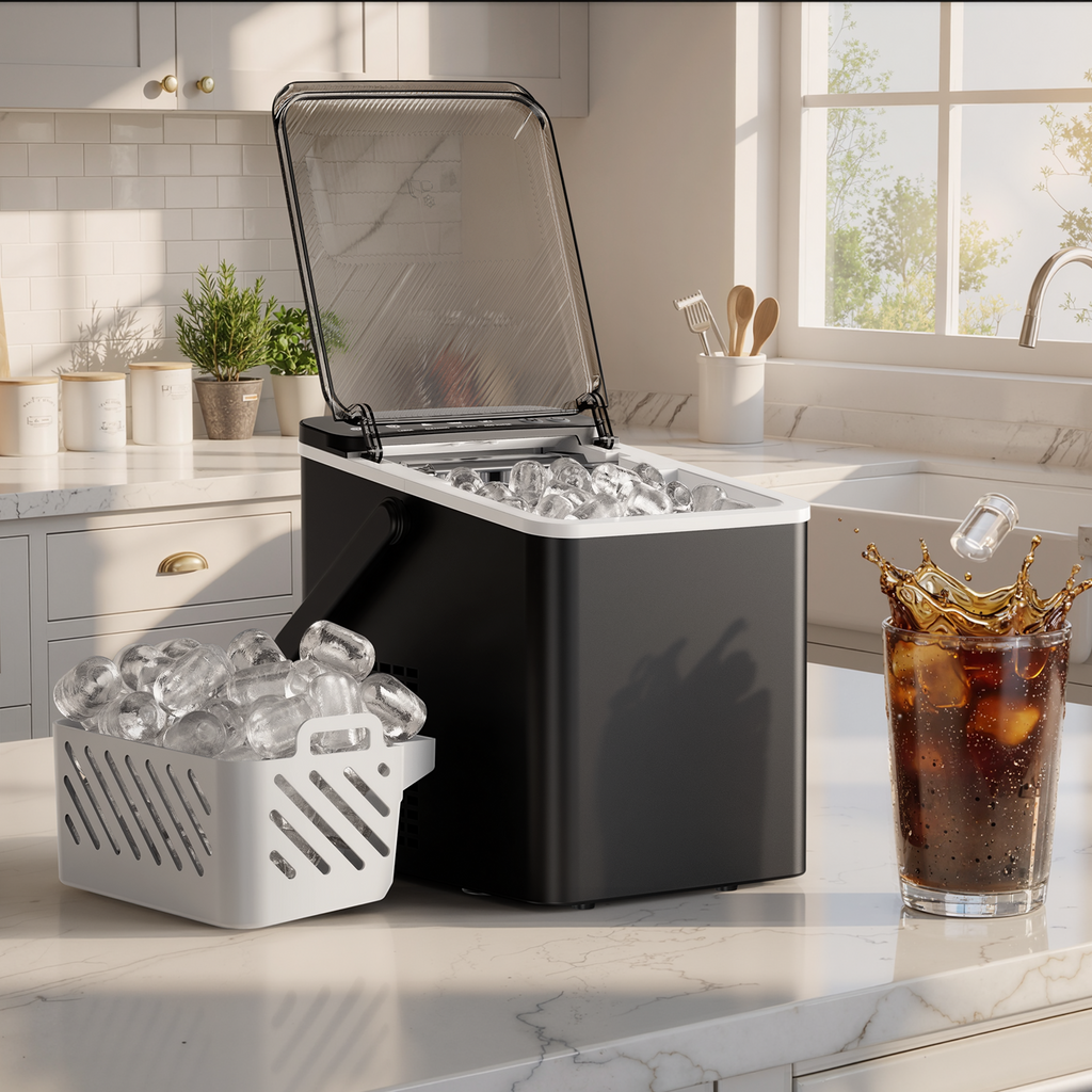 EKOJUCE Countertop Ice Maker with Handle, 26lbs/24H Portable Ice Machine, 9 Cubes in 6 Mins, Self-Cleaning, Basket & Scoop Included, Black