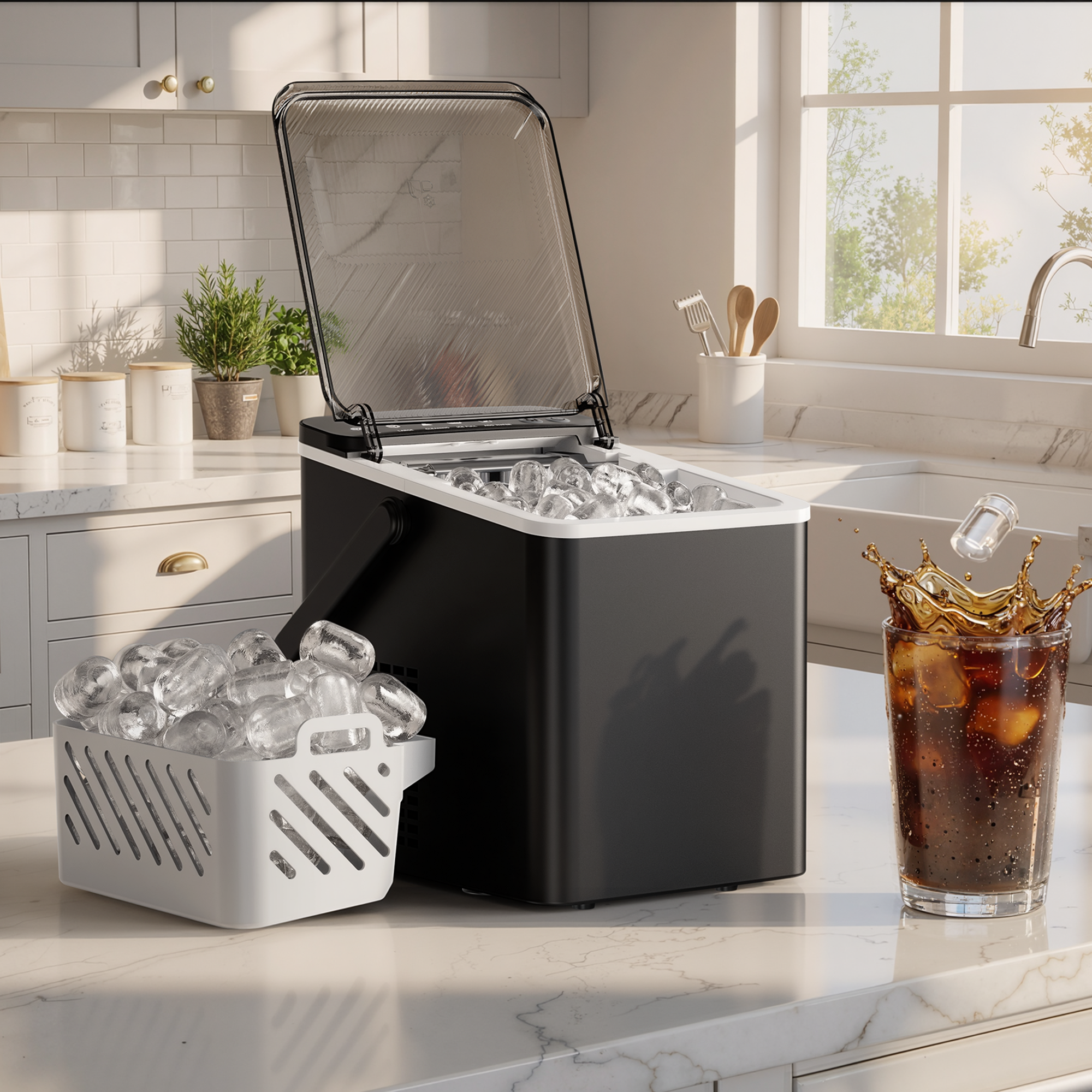 EKOJUCE Countertop Ice Maker with Handle, 26lbs/24H Portable Ice Machine, 9 Cubes in 6 Mins, Self-Cleaning, Basket & Scoop Included, Black
