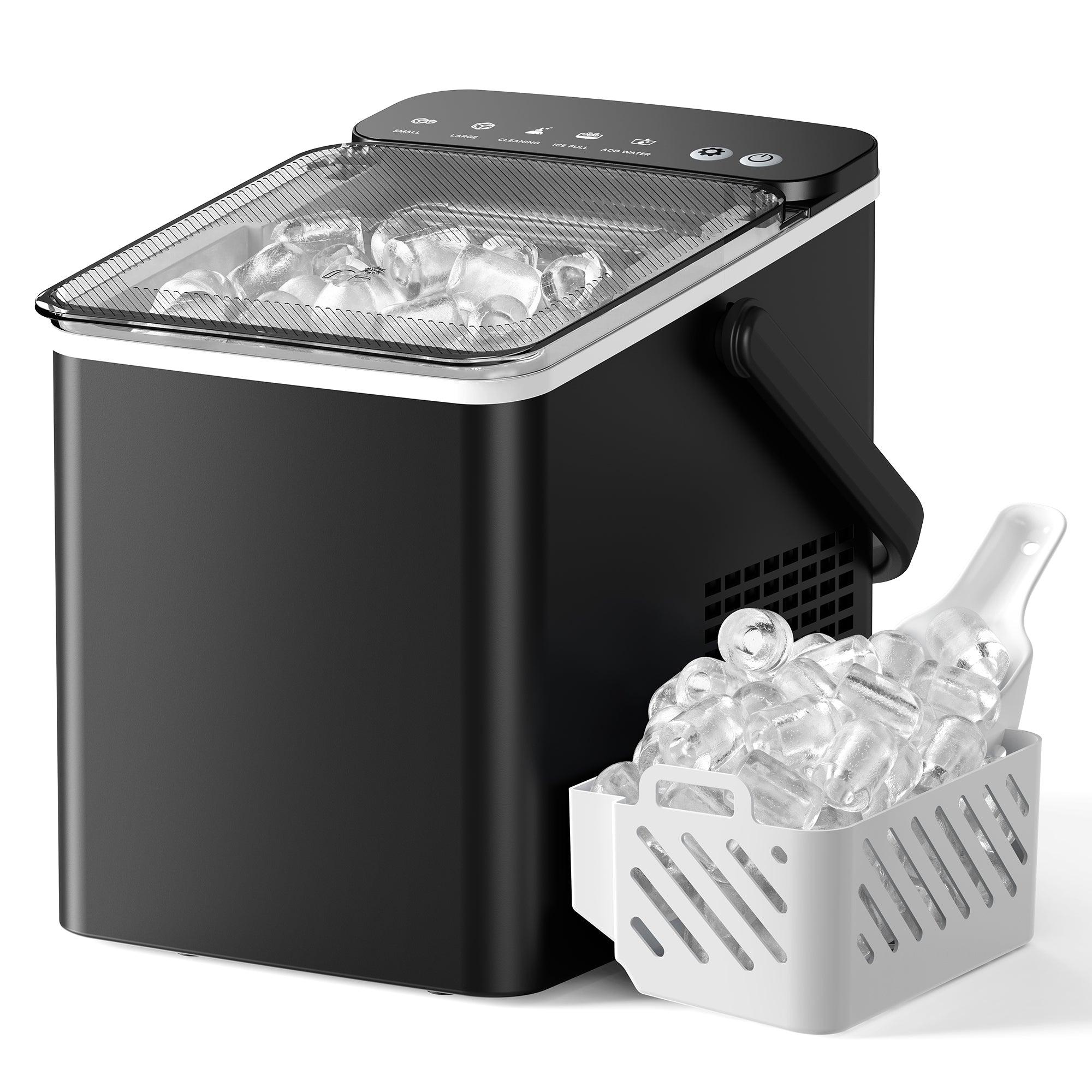 EKOJUCE Countertop Ice Maker with Handle, 26lbs/24H Portable Ice Machine, 9 Cubes in 6 Mins, Self-Cleaning, Basket & Scoop Included, Black