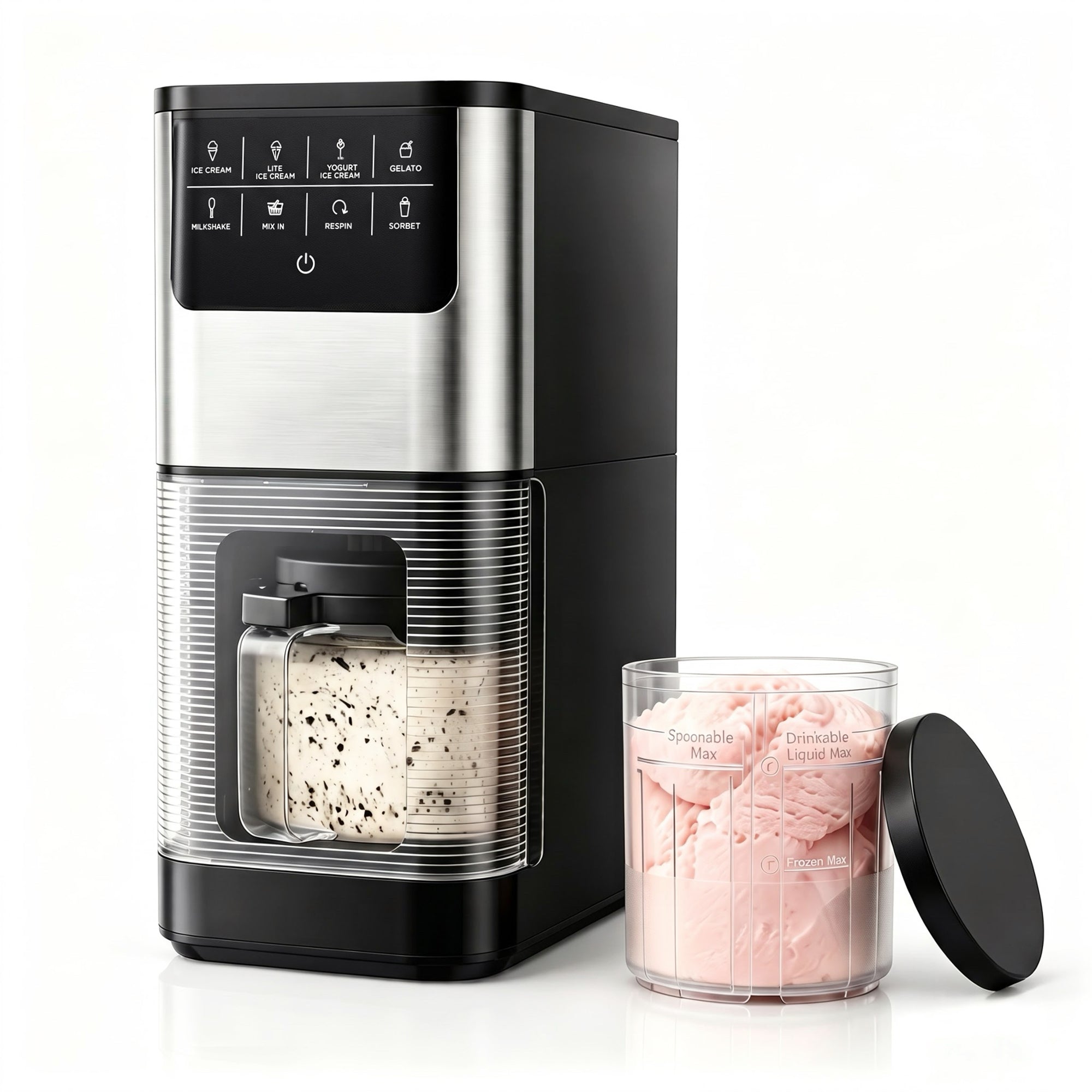 EKOJUCE Ice Cream Maker, 8-in-1 Frozen Dessert Machine with Re-Spin & Mix-In, 2 Tritan Cups, 800W