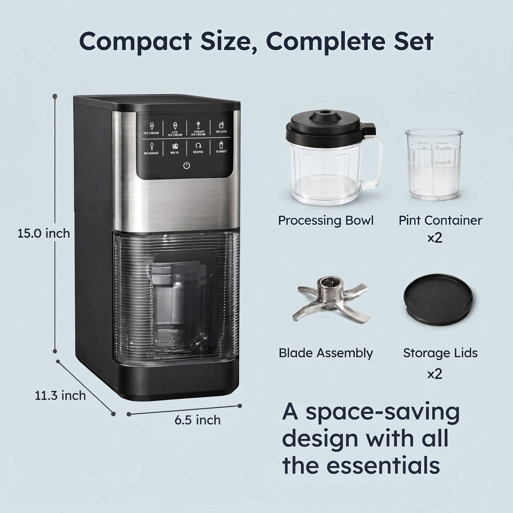 EKOJUCE Ice Cream Maker, 8-in-1 Frozen Dessert Machine with Re-Spin & Mix-In, 2 Tritan Cups, 800W