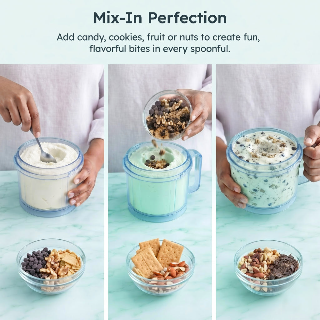EKOJUCE Ice Cream Maker, 8-in-1 Frozen Dessert Machine with Re-Spin & Mix-In, 2 Tritan Cups, 800W
