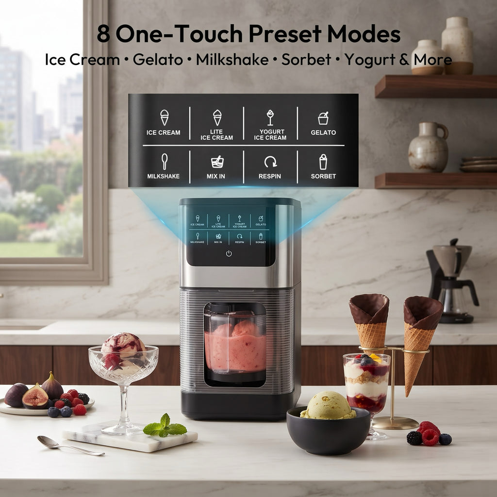 EKOJUCE Ice Cream Maker, 8-in-1 Frozen Dessert Machine with Re-Spin & Mix-In, 2 Tritan Cups, 800W