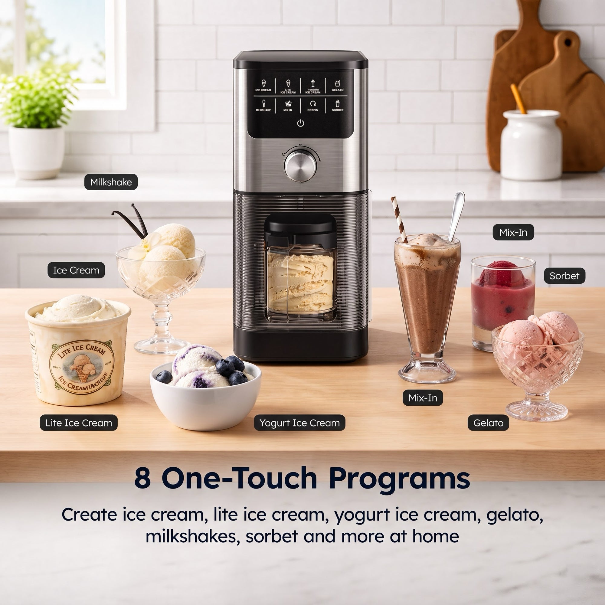 EKOJUCE Ice Cream Maker, 8-in-1 Frozen Dessert Machine with Re-Spin & Mix-In, 2 Tritan Cups, 800W