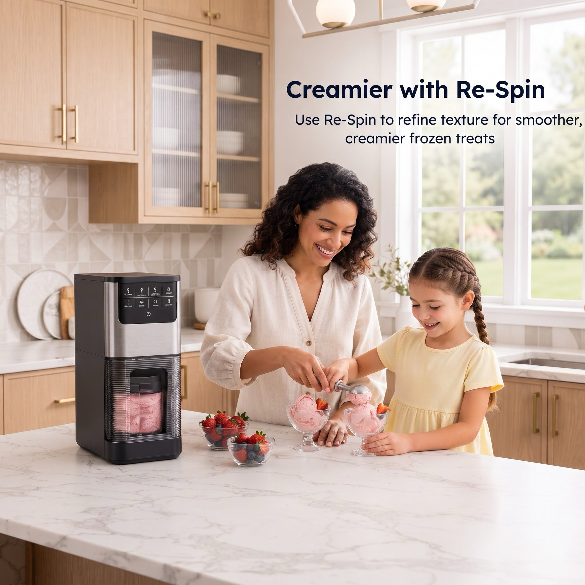 EKOJUCE Ice Cream Maker, 8-in-1 Frozen Dessert Machine with Re-Spin & Mix-In, 2 Tritan Cups, 800W