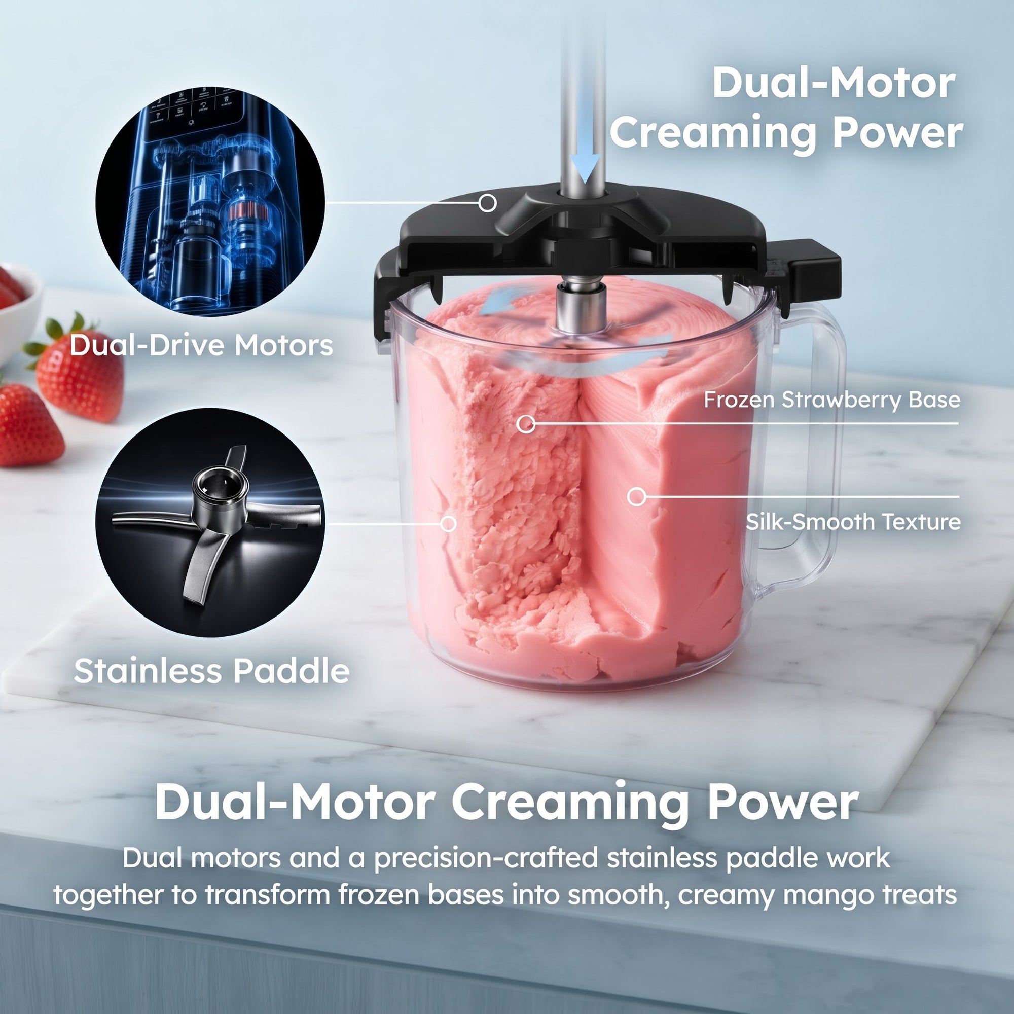 EKOJUCE Ice Cream Maker, 8-in-1 Frozen Dessert Machine with Re-Spin & Mix-In, 2 Tritan Cups, 800W