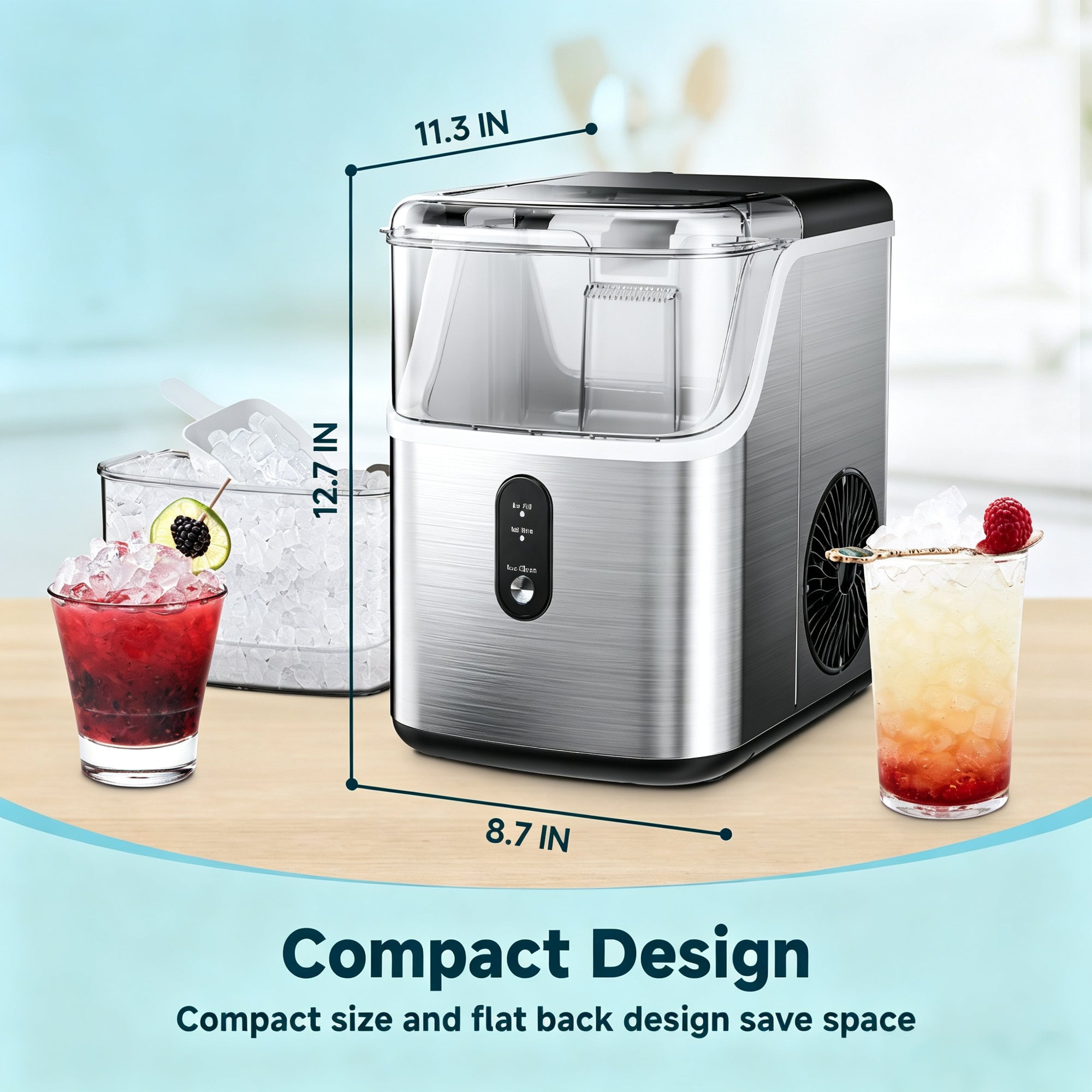 EKOJUCE Nugget Ice Maker Countertop, 35 lbs/24H Chewable Pellet Ice Machine with Handle, Self-Cleaning, 1.1L Water Tank, Silver