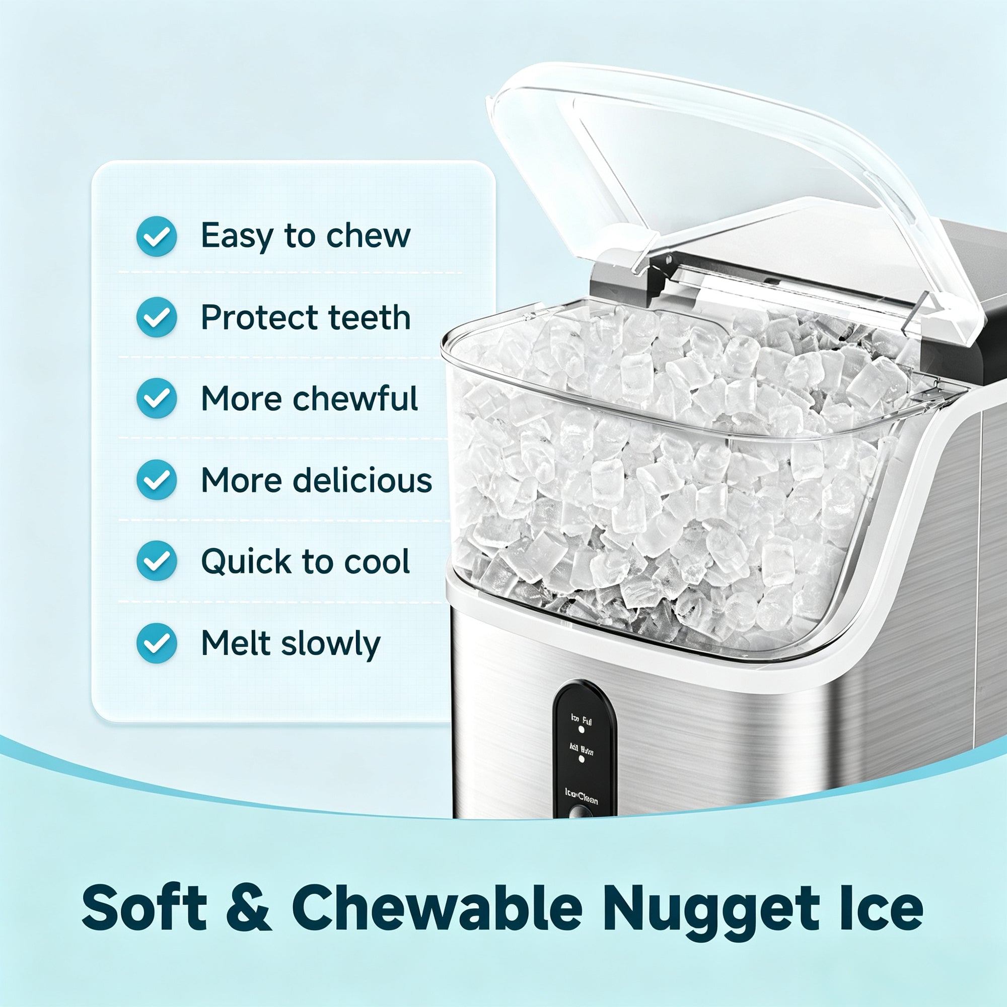 EKOJUCE Nugget Ice Maker Countertop, 35 lbs/24H Chewable Pellet Ice Machine with Handle, Self-Cleaning, 1.1L Water Tank, Silver