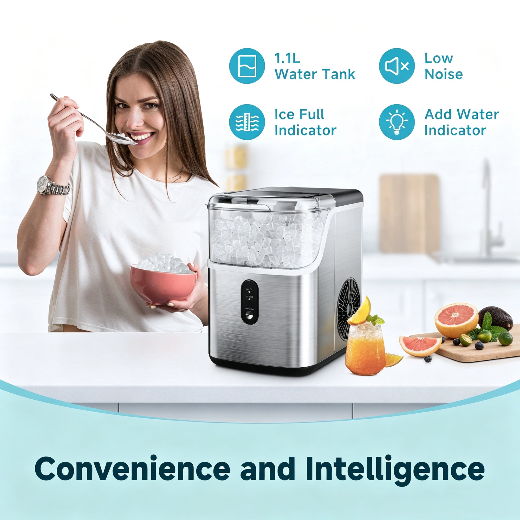 EKOJUCE Nugget Ice Maker Countertop, 35 lbs/24H Chewable Pellet Ice Machine with Handle, Self-Cleaning, 1.1L Water Tank, Silver