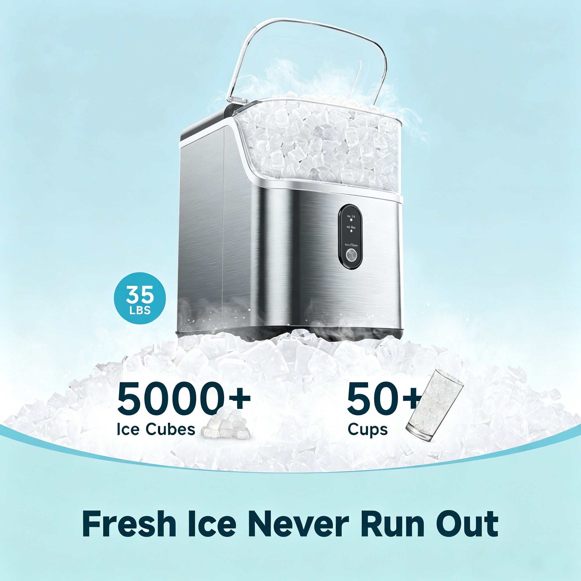 EKOJUCE Nugget Ice Maker Countertop, 35 lbs/24H Chewable Pellet Ice Machine with Handle, Self-Cleaning, 1.1L Water Tank, Silver