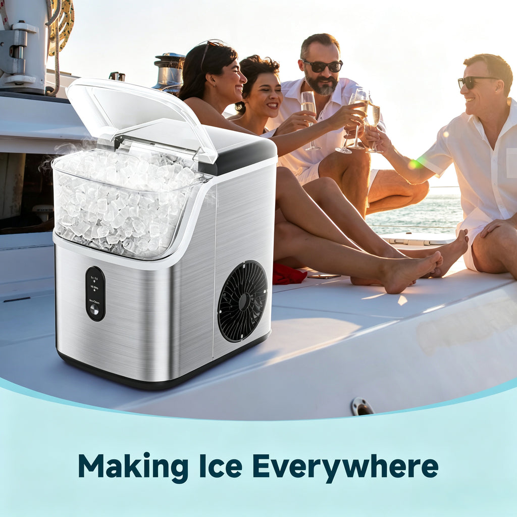 EKOJUCE Nugget Ice Maker Countertop, 35 lbs/24H Chewable Pellet Ice Machine with Handle, Self-Cleaning, 1.1L Water Tank, Silver