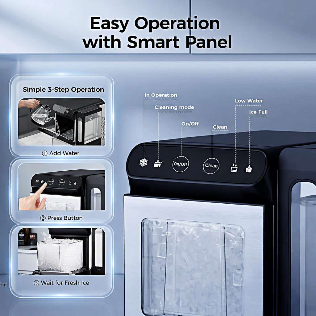 EKOJUCE Nugget Ice Maker Countertop, 26.5 lbs/24H Chewable Pellet Ice Machine, Self-Cleaning, Touch Control, 4.3L Side Tank, Stainless Steel