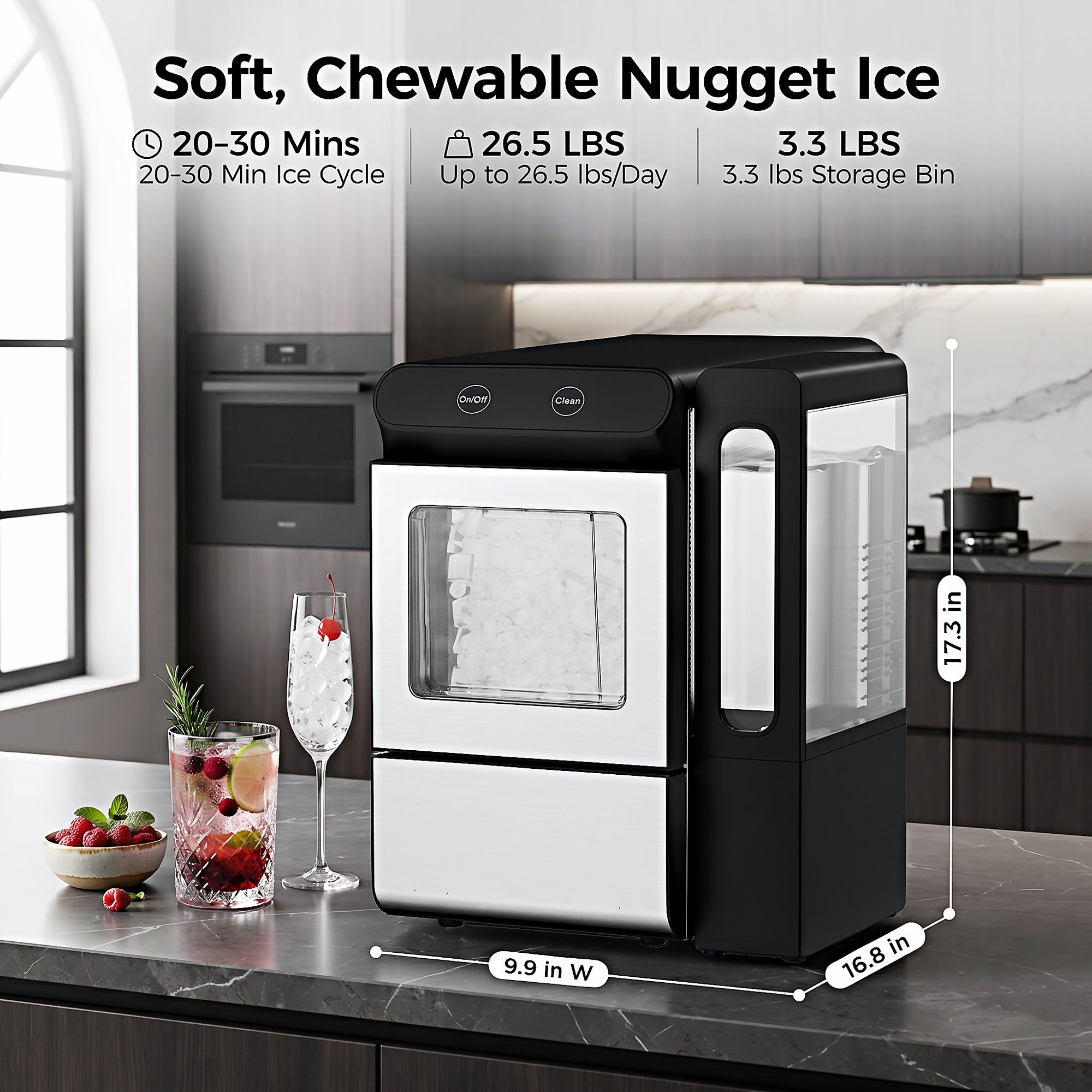 EKOJUCE Nugget Ice Maker Countertop, 26.5 lbs/24H Chewable Pellet Ice Machine, Self-Cleaning, Touch Control, 4.3L Side Tank, Stainless Steel