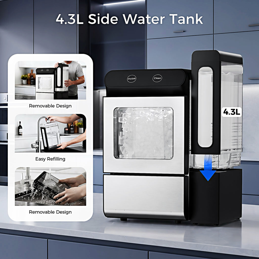 EKOJUCE Nugget Ice Maker Countertop, 26.5 lbs/24H Chewable Pellet Ice Machine, Self-Cleaning, Touch Control, 4.3L Side Tank, Stainless Steel