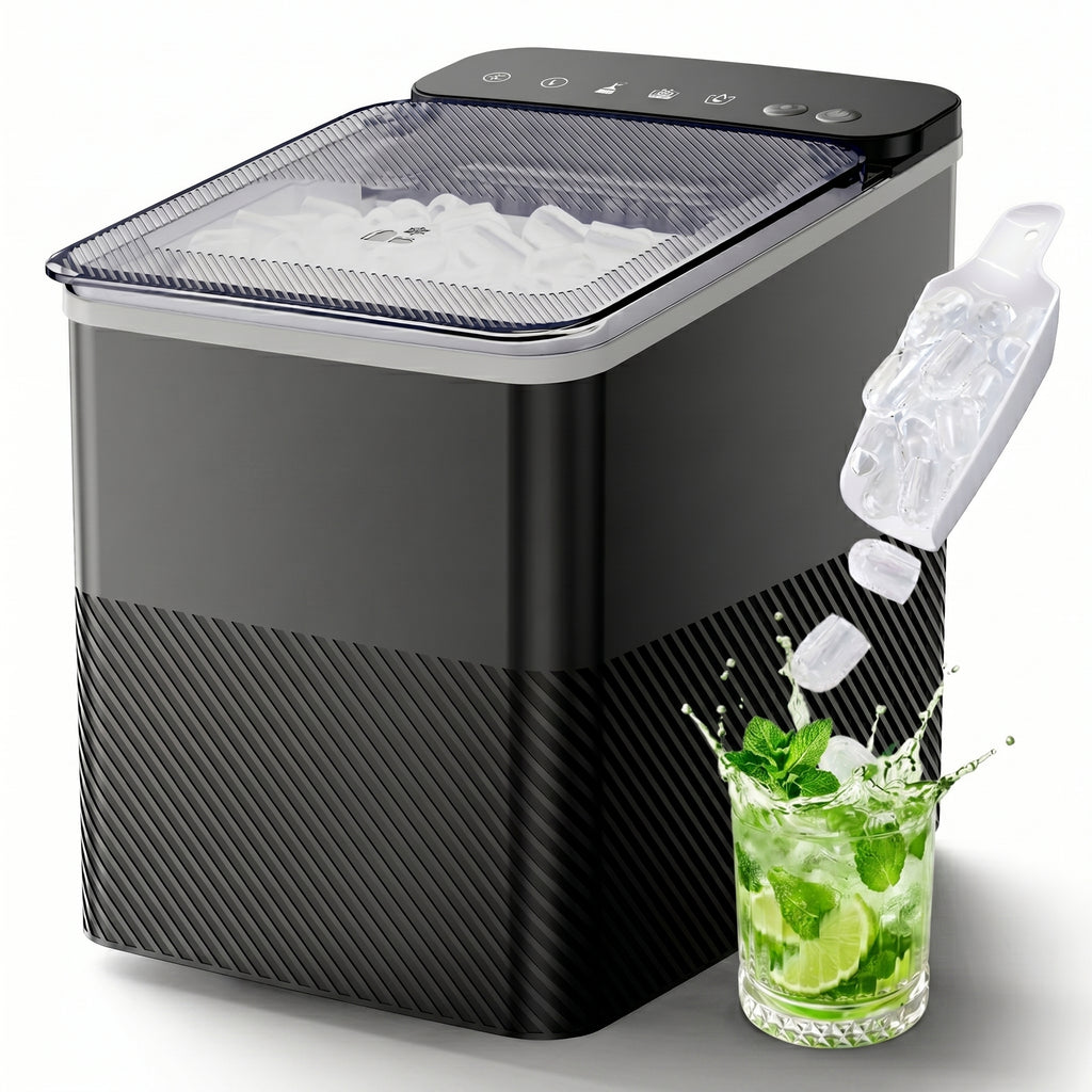 EKOJUCE Ice Maker Countertop, 9 Cubes Ready in 6 Mins, 26lbs/Day, Self-Cleaning Ice Machine with Ice Scoop and Basket, 2 Sizes of Bullet Ice