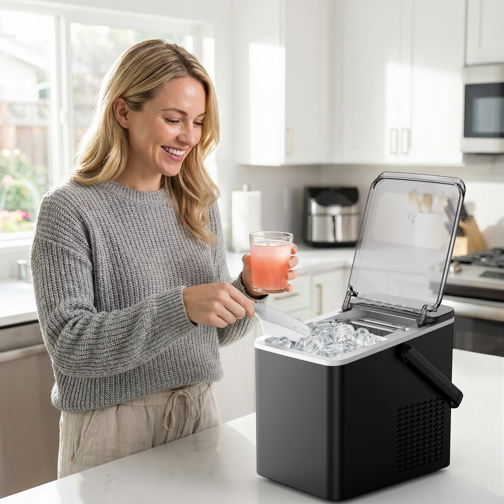 EKOJUCE Countertop Ice Maker with Handle, 26lbs/24H Portable Ice Machine, 9 Cubes in 6 Mins, Self-Cleaning, Basket & Scoop Included, Black