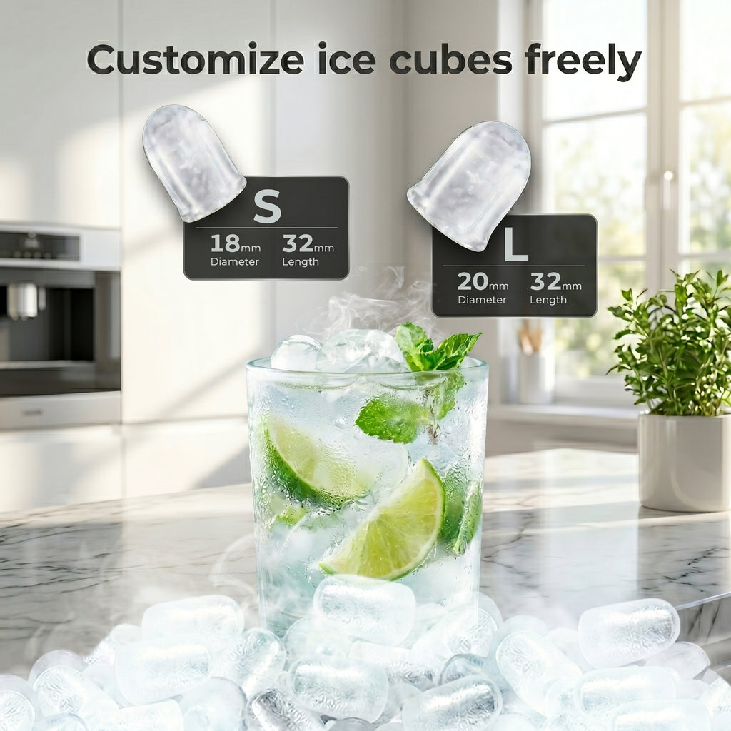 EKOJUCE Ice Maker Countertop, 9 Cubes Ready in 6 Mins, 26lbs/Day, Self-Cleaning Ice Machine with Ice Scoop and Basket, 2 Sizes of Bullet Ice