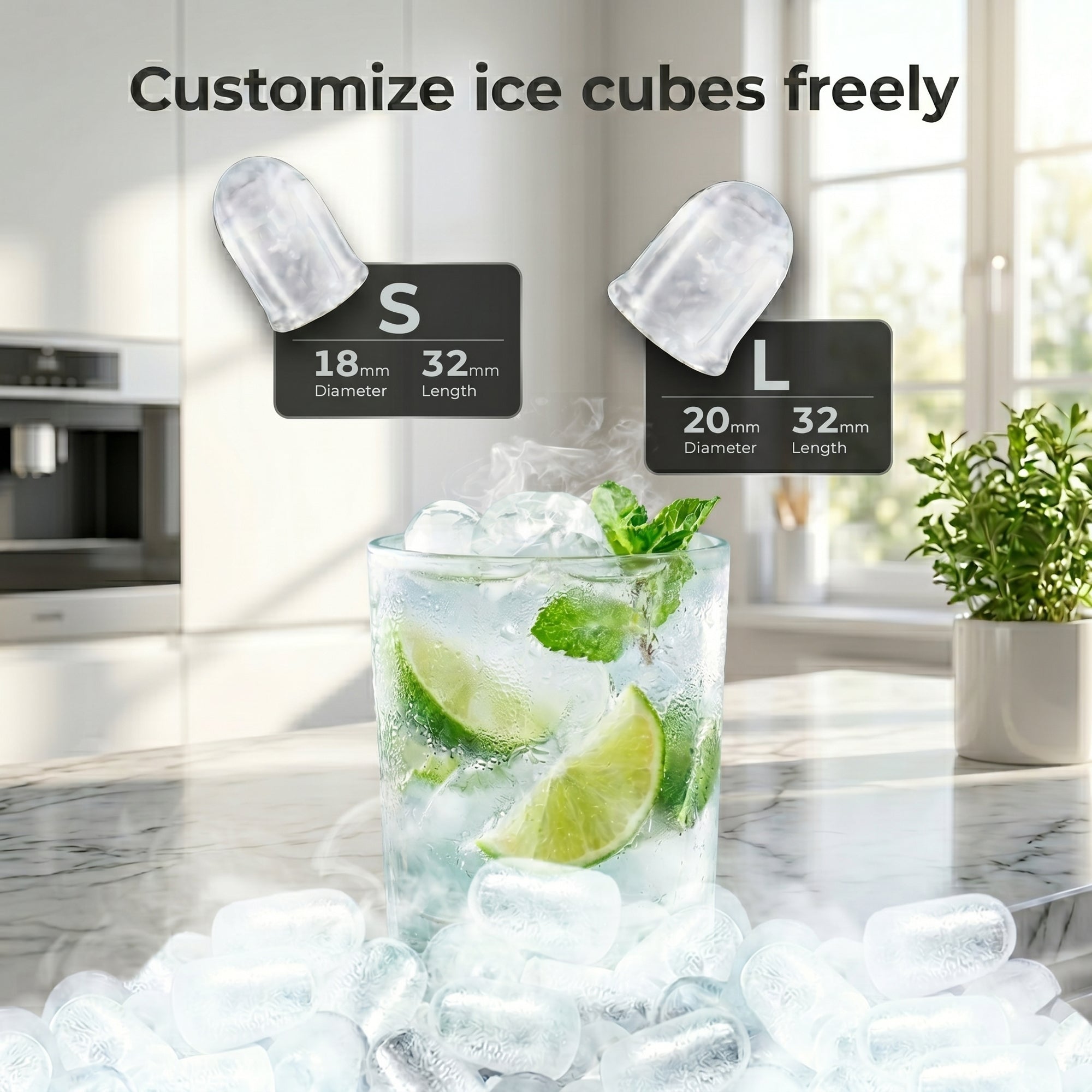 EKOJUCE Ice Maker Countertop, 9 Cubes Ready in 6 Mins, 26lbs/Day, Self-Cleaning Ice Machine with Ice Scoop and Basket, 2 Sizes of Bullet Ice