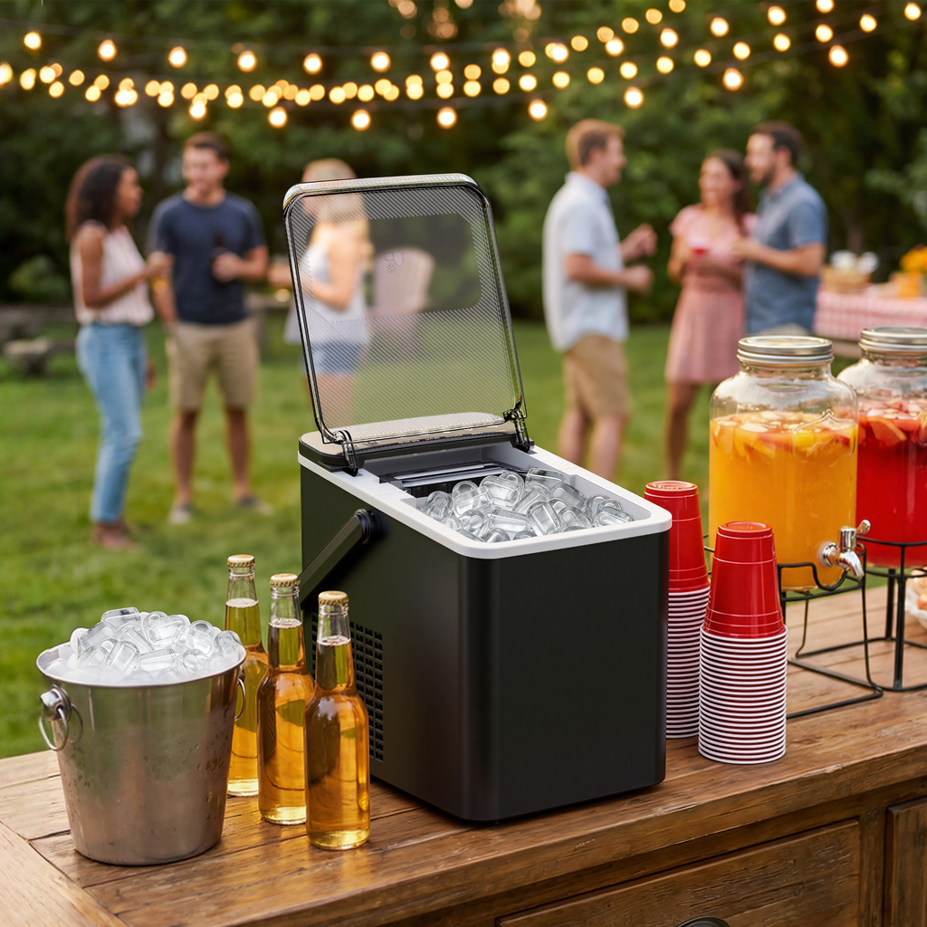 EKOJUCE Countertop Ice Maker with Handle, 26lbs/24H Portable Ice Machine, 9 Cubes in 6 Mins, Self-Cleaning, Basket & Scoop Included, Black