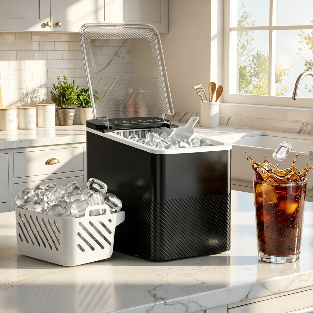 EKOJUCE Ice Maker Countertop, 9 Cubes Ready in 6 Mins, 26lbs/Day, Self-Cleaning Ice Machine with Ice Scoop and Basket, 2 Sizes of Bullet Ice