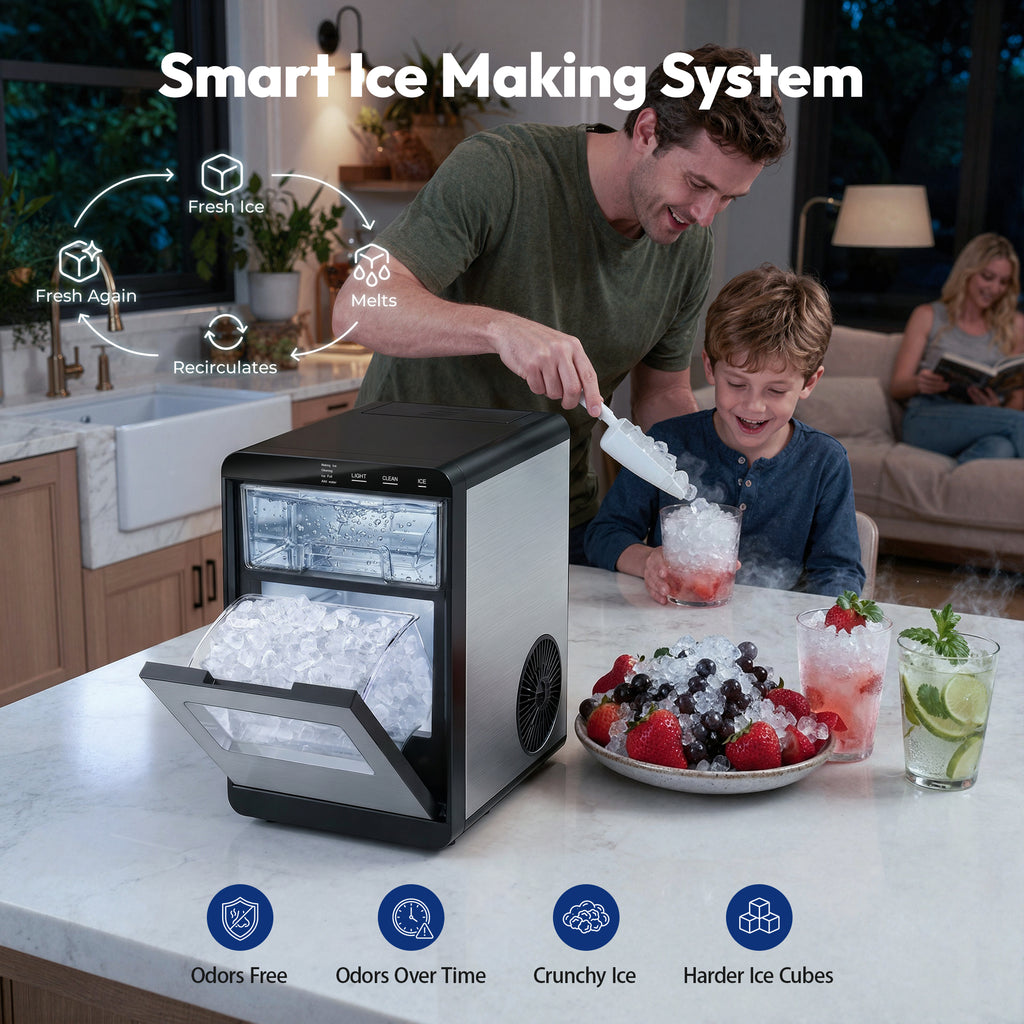 Ekojuce 44Lbs/24H Countertop Nugget Ice Maker Soft Chewable Pebble Nugget Ice Machine for Home, Kitchen, Office, Stainless Steel