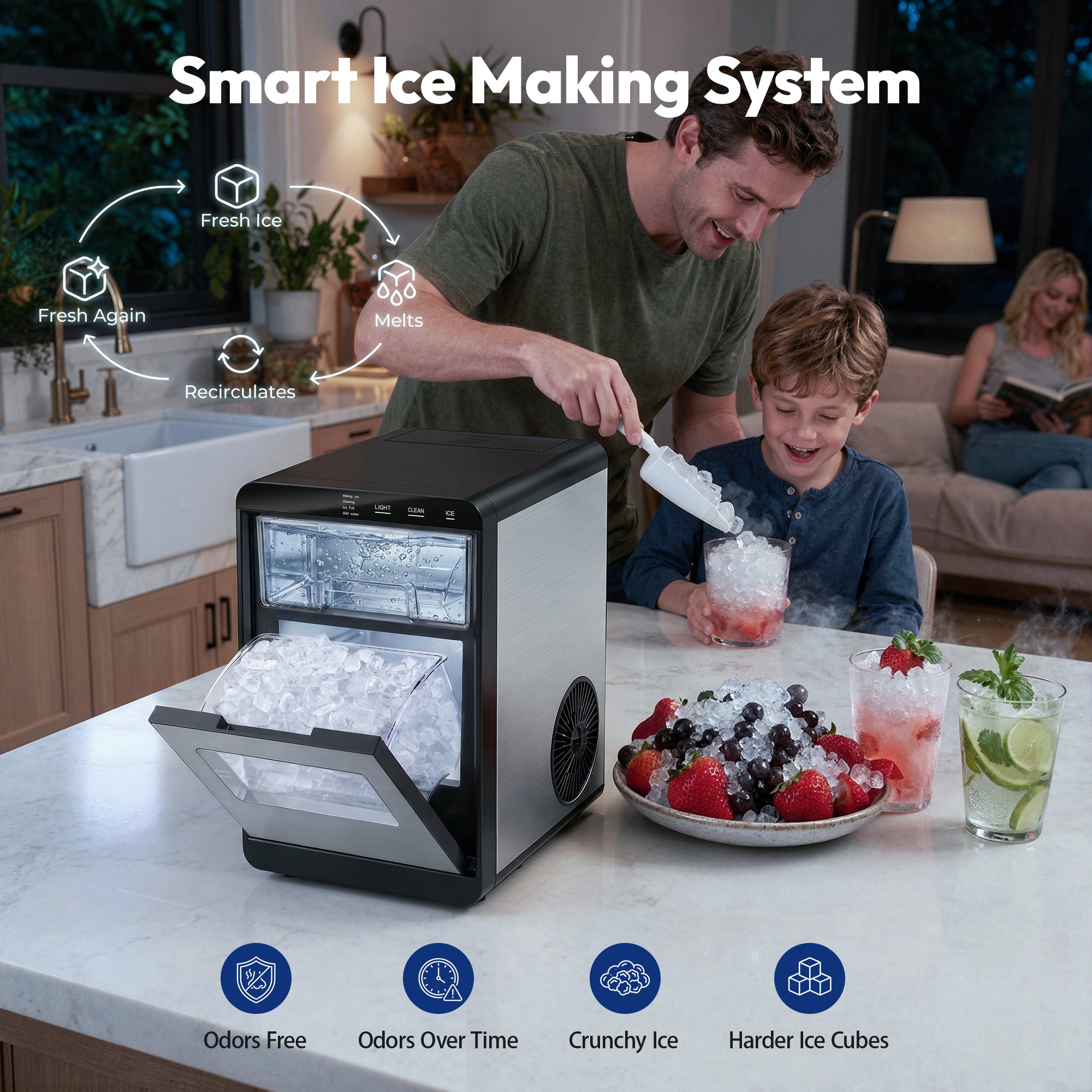 Ekojuce 44Lbs/24H Countertop Nugget Ice Maker Soft Chewable Pebble Nugget Ice Machine for Home, Kitchen, Office, Stainless Steel